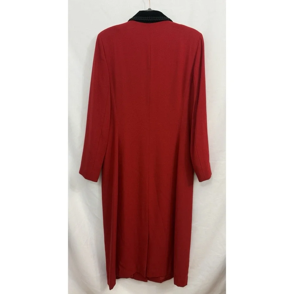 VTG Kasper Red Long Coat Dress Velvet Collar Lined Button Down‎ Womens Size 12 - Picture 2 of 12